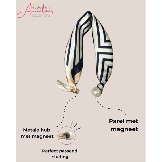 Dames Parelsjaal print donkerblauw gestreept- kleine hals sjaal met parel 518